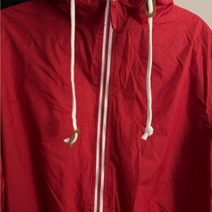 Vibrant Red Windbreaker with White Accents and Hood
